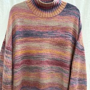 LOFT XL Striped Mauve Turtleneck Sweater Dress Fall Cozy Soft Knit Midi EUC